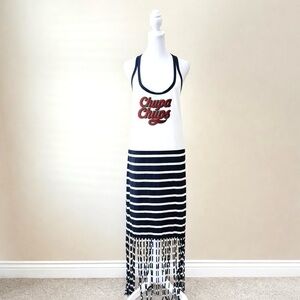 Zara x Chupa Chups Stripe Long Tank Dress Fringe Sleeveless Black White Sz L NWT